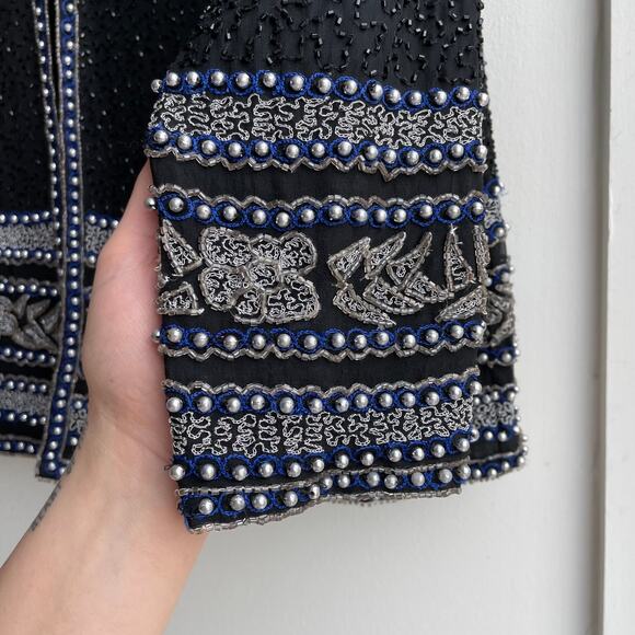90s Vintage Beaded 100% Silk Evening Jacket Size S Black Blue Party Glam - Picture 13 of 15
